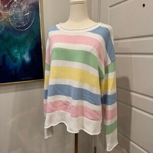 Duffield Lane Pastel Rainbow Stripe Cotton Knit Roll Neck Sweater Preppy Medium